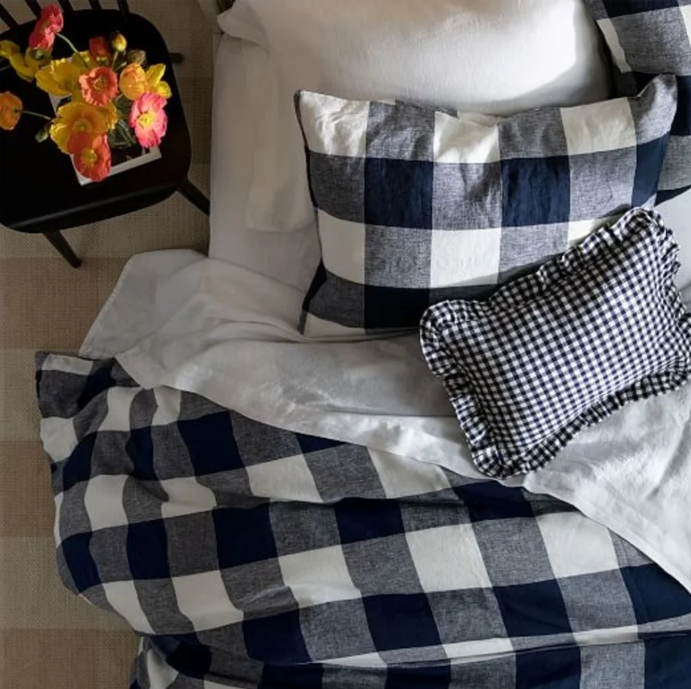 West Elm Heather Taylor Home Gingham Full Queen Linen Duvet Cover Midnight